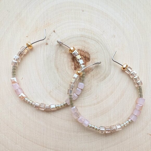 Shimmery Pink Cubed Glass Champagne and Pink Steel Hoop Earrings - Picture 1 of 10